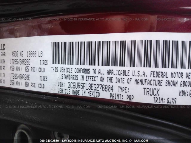 3C6UR5FL3EG276804 - 2014 RAM 2500 LARAMIE RED photo 9