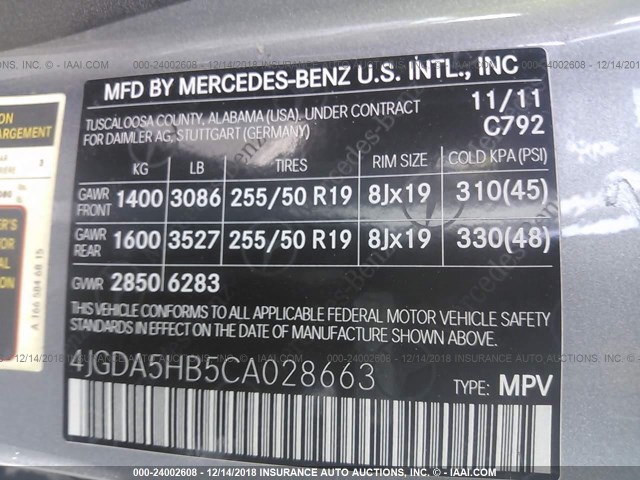4JGDA5HB5CA028663 - 2012 MERCEDES-BENZ ML 350 4MATIC GRAY photo 9