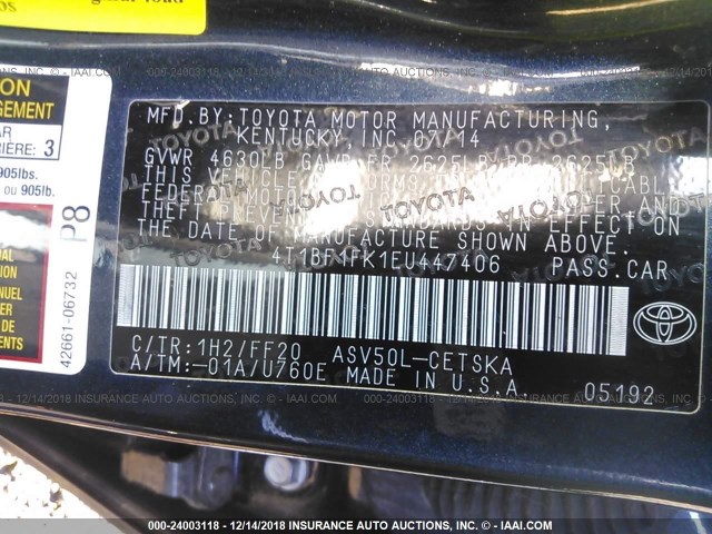 4T1BF1FK1EU447406 - 2014 TOYOTA CAMRY L/SE/LE/XLE 深蓝色 照片 9