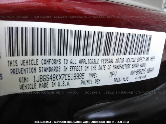 1J8GS48KX7C518995 - 2007 JEEP GRAND CHEROKEE LAREDO/COLUMBIA/FREEDOM 勃艮第红 照片 9