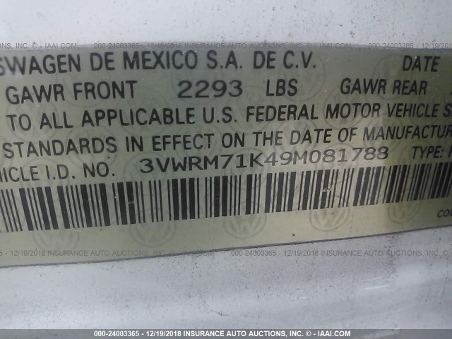 3VWRM71K49M081788 - 2009 VOLKSWAGEN JETTA SE/SEL WHITE photo 9