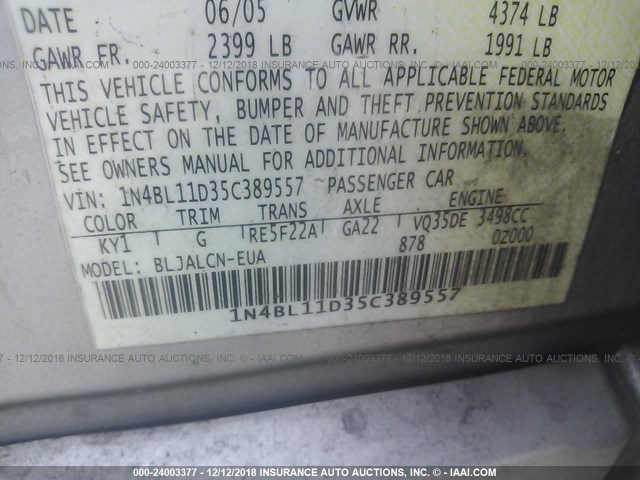 1N4BL11D35C389557 - 2005 NISSAN ALTIMA SE/SL/SE-R SILVER photo 9