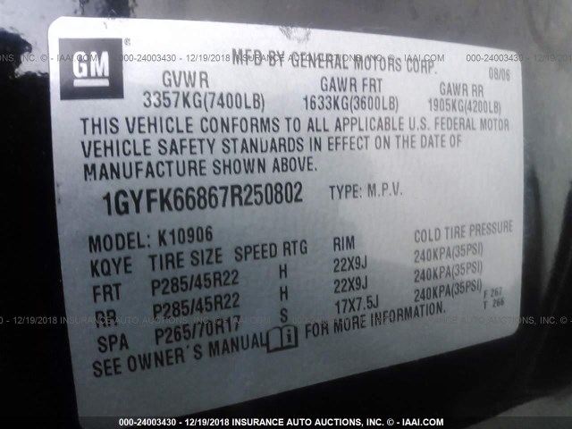 1GYFK66867R250802 - 2007 CADILLAC ESCALADE ESV BLACK photo 9