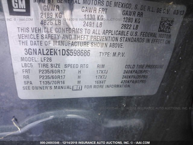 3GNAL2EK1DS598686 - 2013 CHEVROLET CAPTIVA LS 灰色 照片 9