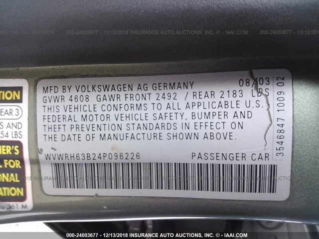 WVWRH63B24P096226 - 2004 VOLKSWAGEN PASSAT GLX 绿色 照片 9