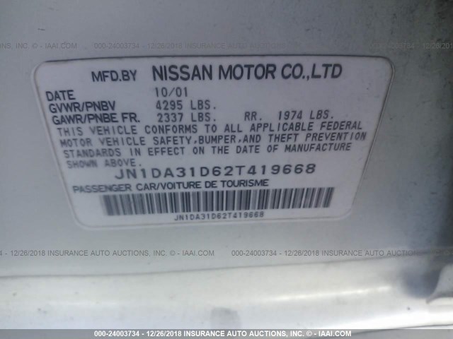 JN1DA31D62T419668 - 2002 NISSAN MAXIMA GLE/GXE/SE WHITE photo 9