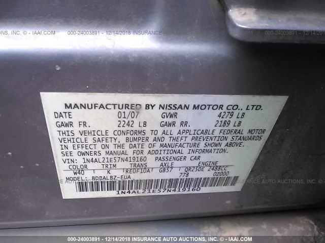 1N4AL21E57N419160 - 2007 NISSAN ALTIMA 2.5/2.5S GRAY photo 9