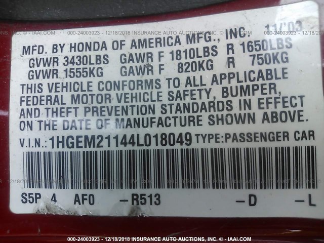 1HGEM21144L018049 - 2004 HONDA CIVIC DX VP RED photo 9