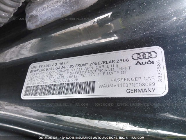 WAUMV44E37N008099 - 2007 AUDI A8 L QUATTRO BLACK photo 9