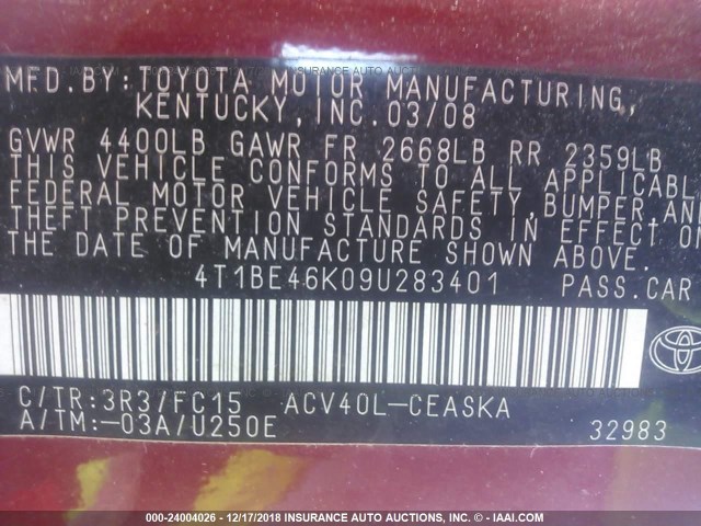 4T1BE46K09U283401 - 2009 TOYOTA CAMRY SE/LE/XLE 红色 照片 9