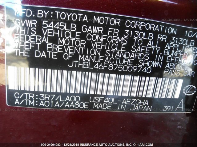 JTHBL46F875009740 - 2007 LEXUS LS 460 MAROON photo 9