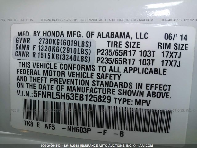 5FNRL5H63EB125829 - 2014 HONDA ODYSSEY EXL WHITE photo 9