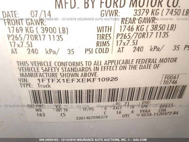 1FTFX1EFXEKF10926 - 2014 FORD F150 SUPER CAB WHITE photo 9