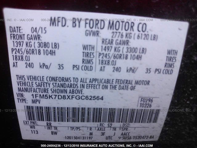 1FM5K7D8XFGC62564 - 2015 FORD EXPLORER XLT RED photo 9