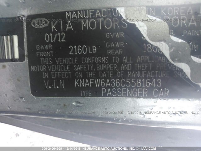 KNAFW6A36C5581643 - 2012 KIA FORTE SX GRAY photo 9