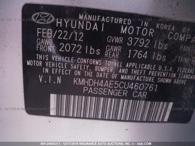 KMHDH4AE5CU460761 - 2012 HYUNDAI ELANTRA GLS/LIMITED SILVER photo 9