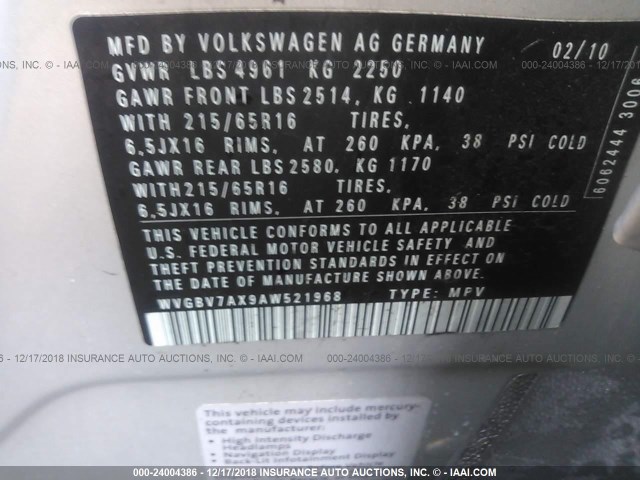 WVGBV7AX9AW521968 - 2010 VOLKSWAGEN TIGUAN SE/SEL SILVER photo 9