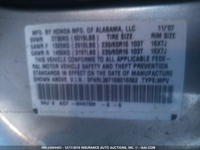 5FNRL38718B016562 - 2008 HONDA ODYSSEY EXL GRAY photo 9