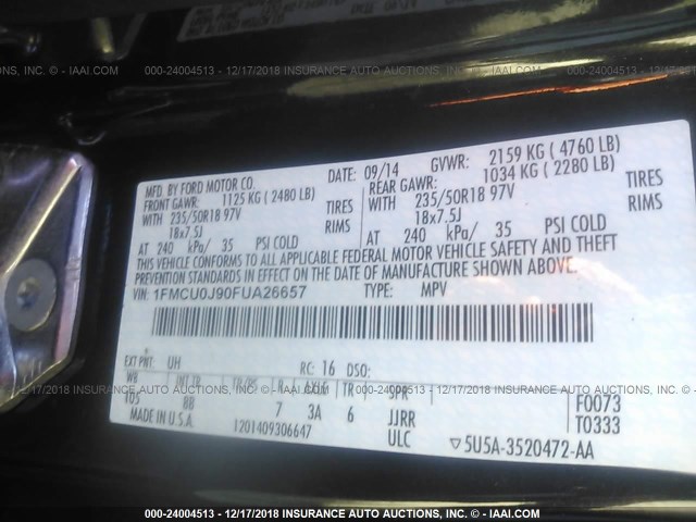 1FMCU0J90FUA26657 - 2015 FORD ESCAPE TITANIUM BLACK photo 9