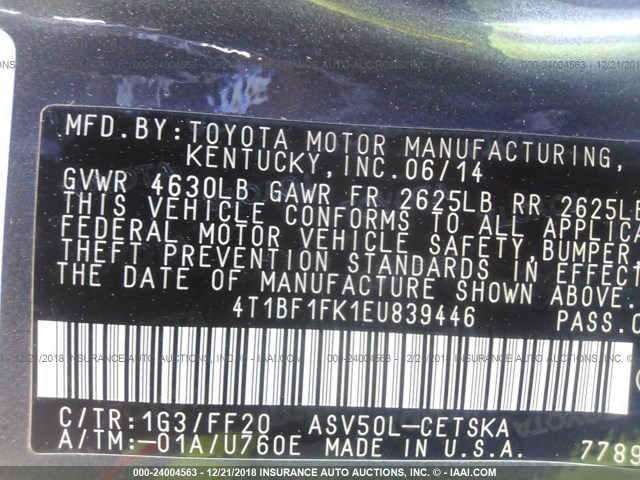 4T1BF1FK1EU839446 - 2014 TOYOTA CAMRY L/SE/LE/XLE GRAY photo 9