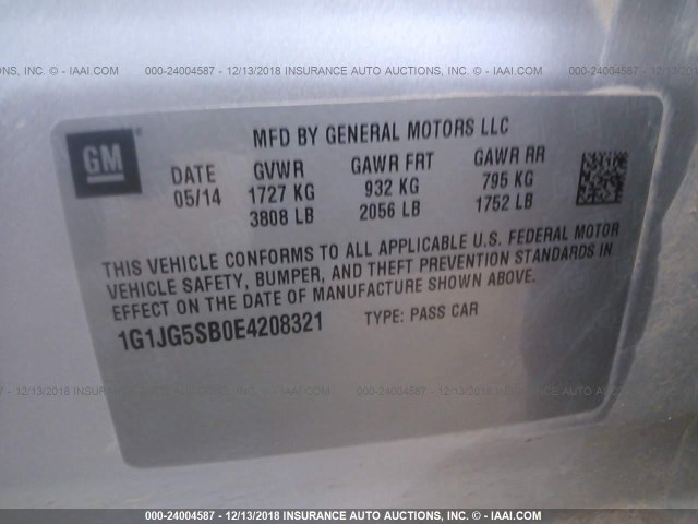 1G1JG5SB0E4208321 - 2014 CHEVROLET SONIC RS SILVER photo 9