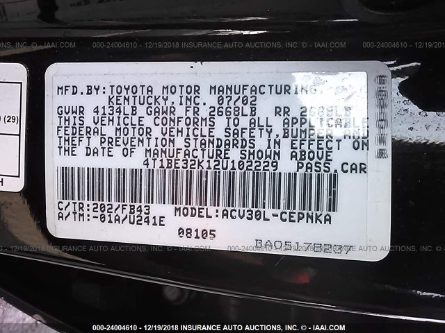 4T1BE32K12U102229 - 2002 TOYOTA CAMRY LE/XLE/SE BLACK photo 9