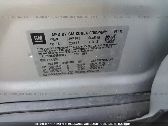 KL7CJNSB9GB623862 - 2016 CHEVROLET TRAX LS GRAY photo 9