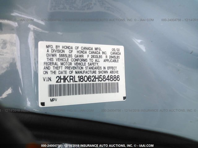 2HKRL18062H584886 - 2002 HONDA ODYSSEY EXL BLUE photo 9