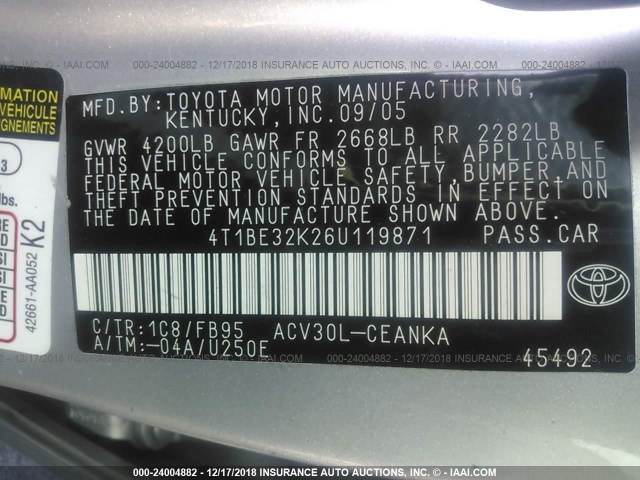 4T1BE32K26U119871 - 2006 TOYOTA CAMRY LE/XLE/SE SILVER photo 9