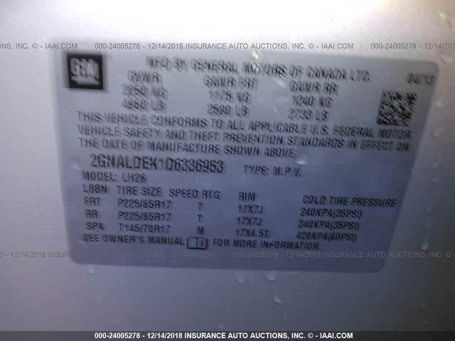 2GNALDEK1D6336953 - 2013 CHEVROLET EQUINOX LT TAN photo 9