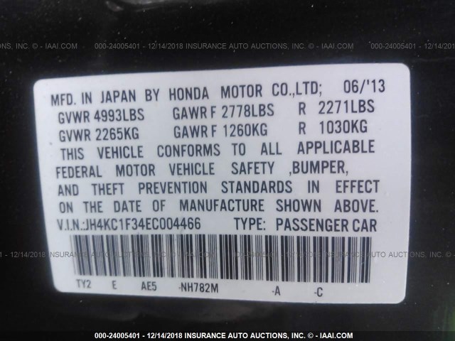 JH4KC1F34EC004466 - 2014 ACURA RLX GRAY photo 9