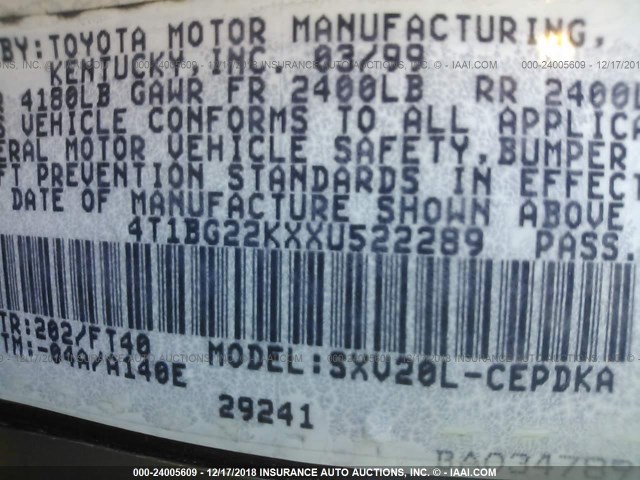 4T1BG22KXXU522289 - 1999 TOYOTA CAMRY CE/LE/XLE BLACK photo 9