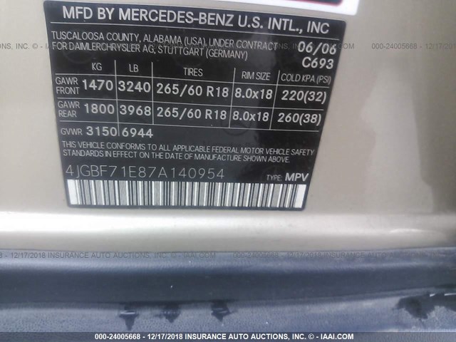 4JGBF71E87A140954 - 2007 MERCEDES-BENZ GL 450 4MATIC GOLD photo 9