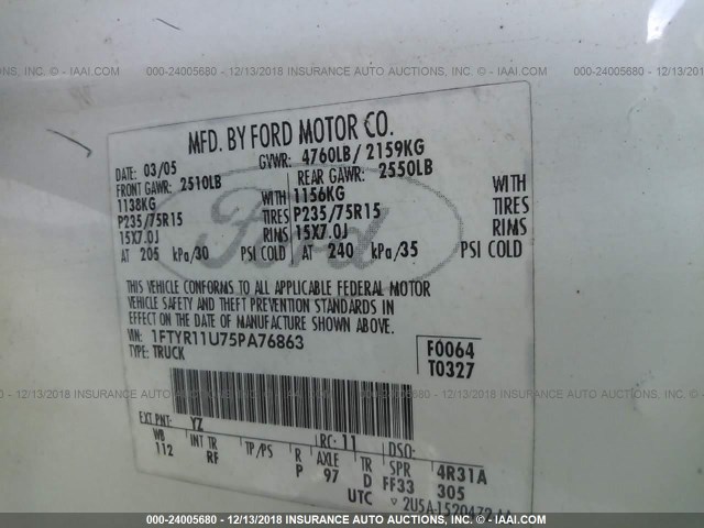 1FTYR11U75PA76863 - 2005 FORD RANGER WHITE photo 9