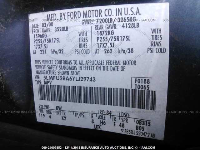 5LMFU28A6YLJ29743 - 2000 LINCOLN NAVIGATOR Көк фото 9