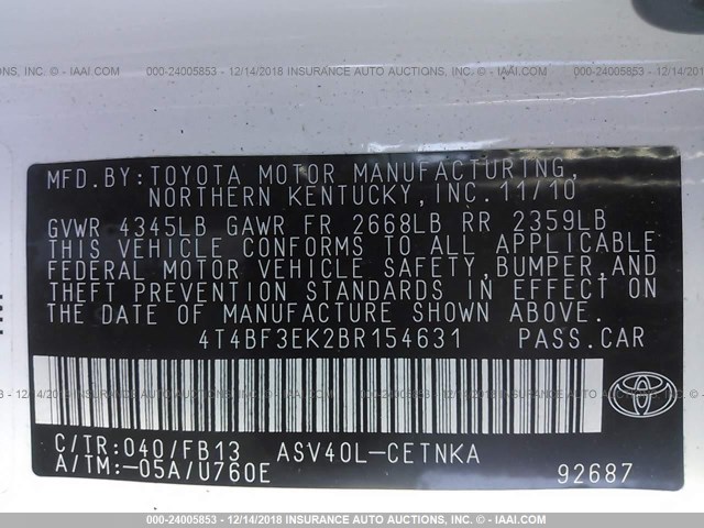 4T4BF3EK2BR154631 - 2011 TOYOTA CAMRY SE/LE/XLE 白色 照片 9