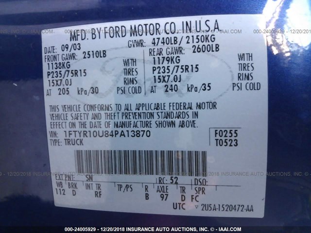 1FTYR10U84PA13870 - 2004 FORD RANGER BLUE photo 9