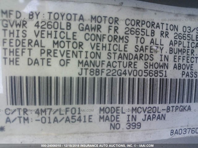 JT8BF22G4V0056851 - 1997 LEXUS ES 300 GOLD photo 9