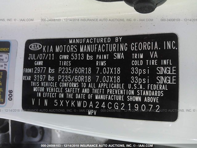 5XYKWDA24CG219072 - 2012 KIA SORENTO SX WHITE photo 9