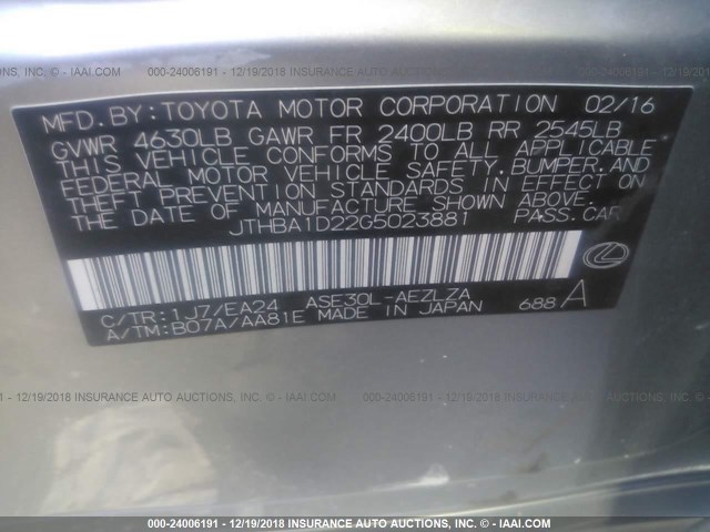 JTHBA1D22G5023881 - 2016 LEXUS IS 200T GRAY photo 9