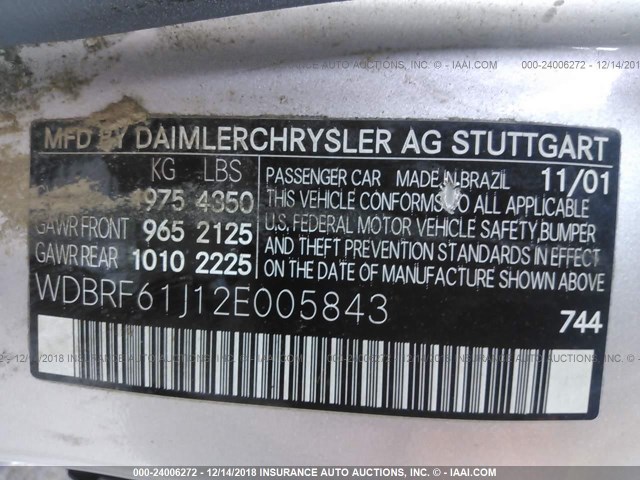 WDBRF61J12E005843 - 2002 MERCEDES-BENZ C 240 SILVER photo 9