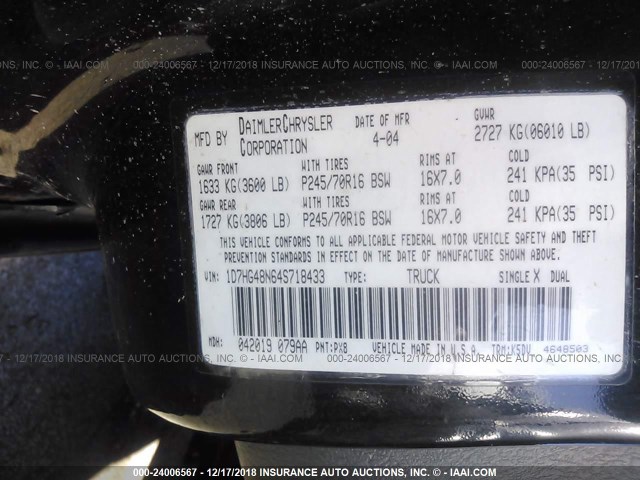 1D7HG48N64S718433 - 2004 DODGE DAKOTA QUAD SLT BLACK photo 9