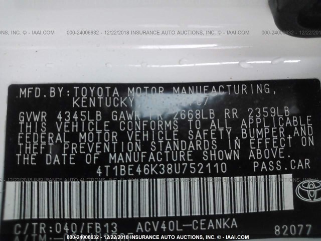 4T1BE46K38U752110 - 2008 TOYOTA CAMRY CE/LE/XLE/SE WHITE photo 9