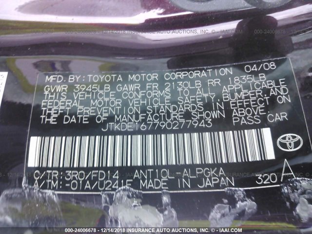 JTKDE167790277943 - 2009 TOYOTA SCION TC იასამნისფერი ფოტო 9