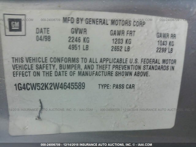 1G4CW52K2W4645589 - 1998 BUICK PARK AVENUE  SILVER photo 9