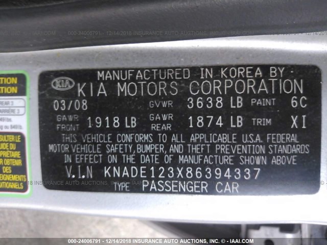 KNADE123X86394337 - 2008 KIA RIO LX/SX SILVER photo 9