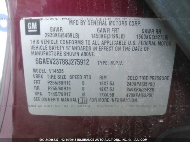 5GAEV23788J275912 - 2008 BUICK ENCLAVE CXL RED photo 9