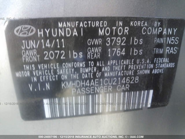 KMHDH4AE1CU214628 - 2012 HYUNDAI ELANTRA GLS/LIMITED GRAY photo 9