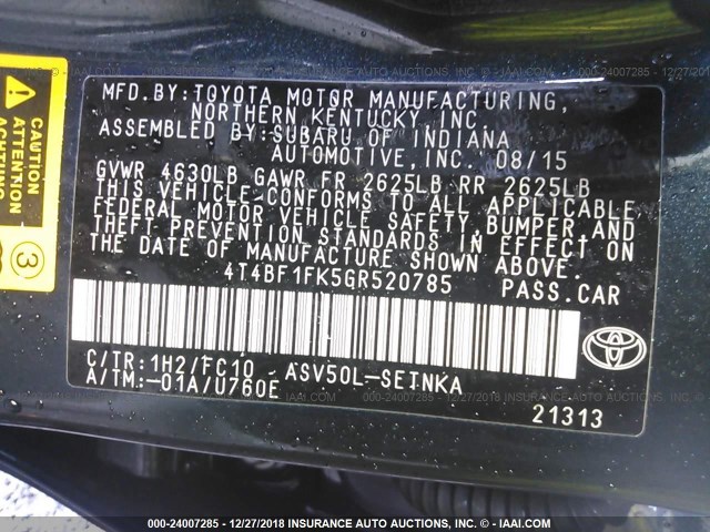 4T4BF1FK5GR520785 - 2016 TOYOTA CAMRY LE/XLE/SE/XSE BLUE photo 9