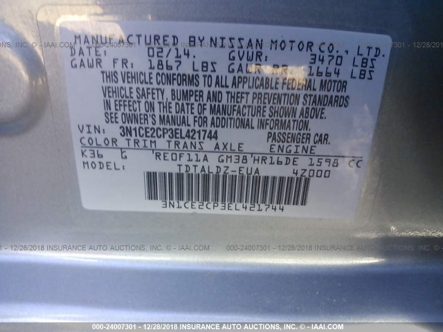 3N1CE2CP3EL421744 - 2014 NISSAN VERSA NOTE S/S PLUS/SV/SL SILVER photo 9